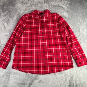 Lands' End Henley Shirt Womens L Red Plaid Long Sleeve Cotton Blend Knit Top